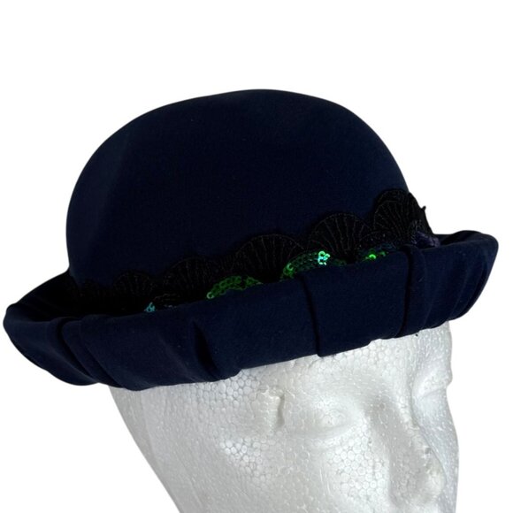 Wool Bowler Hat Navy With Black Lace Green Sequin Trim Elegant Classic Style main image 9